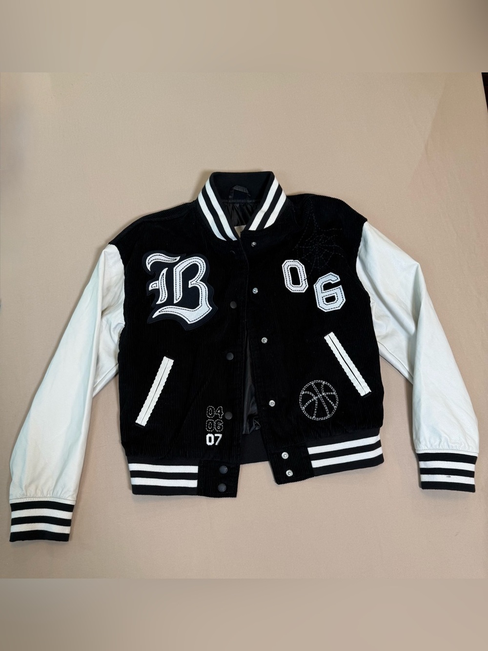 BDG, Urban Outfitters,NWT, Black and White Corduroy Varsity Bomber Jacket, Small